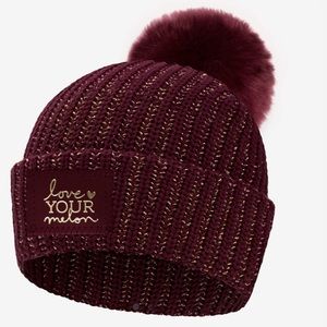 Love Your Melon Burgundy Gold Metallic Yarn Pom Beanie